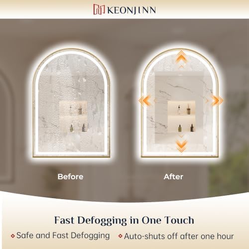 Keonjinn 20x30 Inch Gold Arched LED Bathroom Mirror, Frontlit & Backlit - Image 7