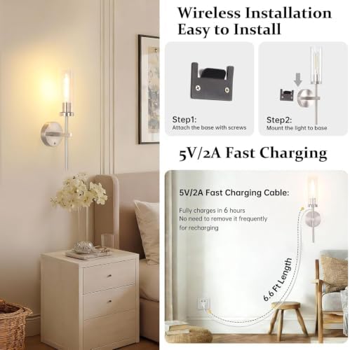 Shenmoyl Battery Operated Wall Sconces Set of 2, Nickel Rechargeable Wall - Image 6