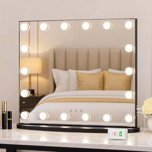 LUXFURNI Vanity Mirror with Lights, 23.6" Hollywood Makeup Mirror Black by LUXFURNI