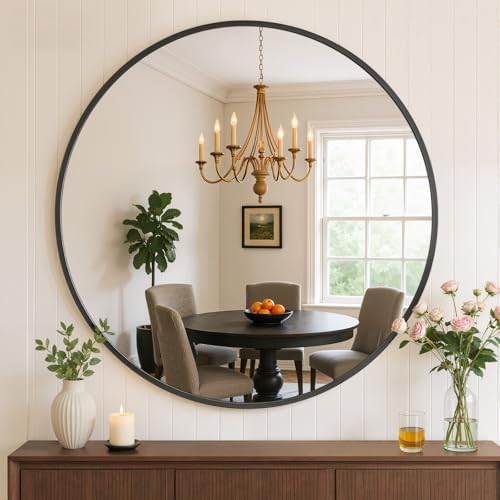 Bathroom Mirror for Wall, 20 Inch Round Mirror, Matte Black Metal Framed Circle by Atilioo