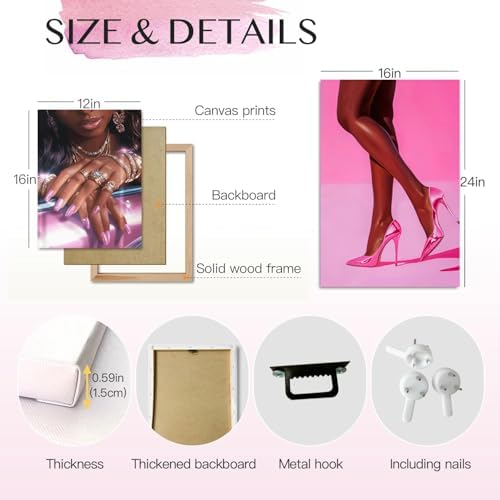 Pink Fashion Black Girl Canvas Wall Art Set of 3 African American Black Woman - Image 3