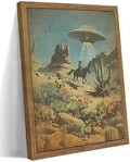 Framed Vintage Intergalactic Western Canvas Wall Art, Alien UFO Abducting Cowboy by MUWAKWallArt