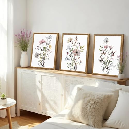 WRFON Framed Botanical Canvas Wall Art Set of 3, Watercolor Floral Prints - Image 3