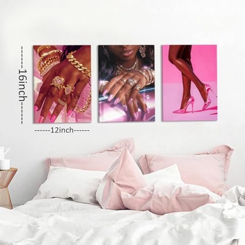 Pink Fashion Black Girl Canvas Wall Art Set of 3 African American Black Woman - Image 5