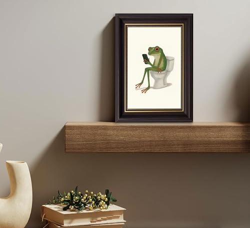 Dark Brown Framed, Funny Frog Wall Art-Whimsical Frog on Toilet - Image 2