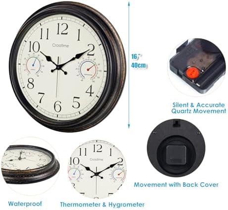16" Indoor Outdoor Retro Wall Clock Battery Operated Silent - Image 3