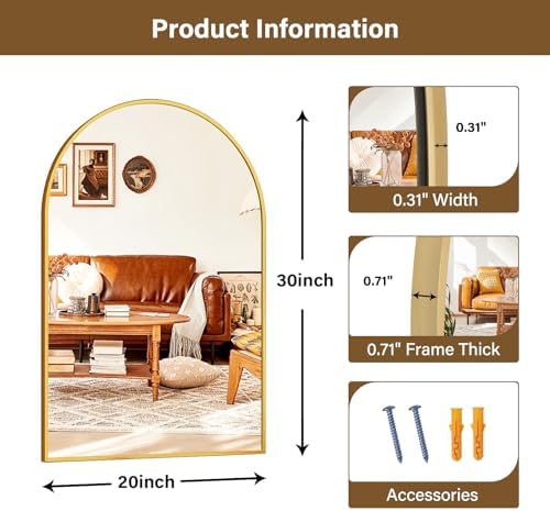 XRAMFY 20"x30" Gold Arched Bathroom Mirror - Image 6