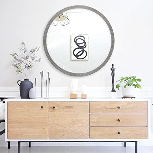 35" Round Wood Mirror, Farmhouse Large Wooden Mirror, Washed Gray - Image 6