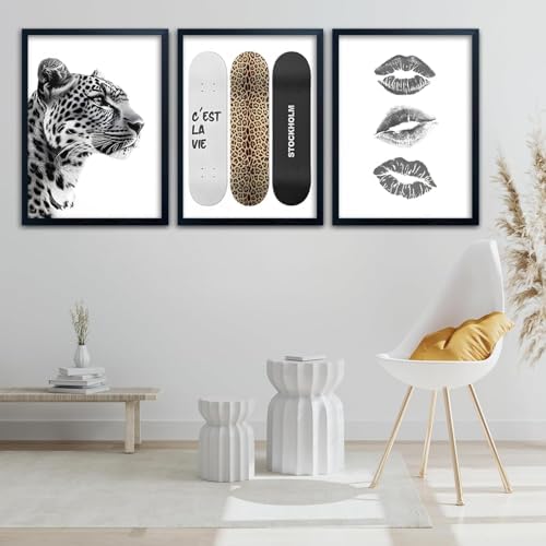 Framed Stockholm Style Canvas Wall Art Set of 3 Black and White Fashion Leopard - Image 2
