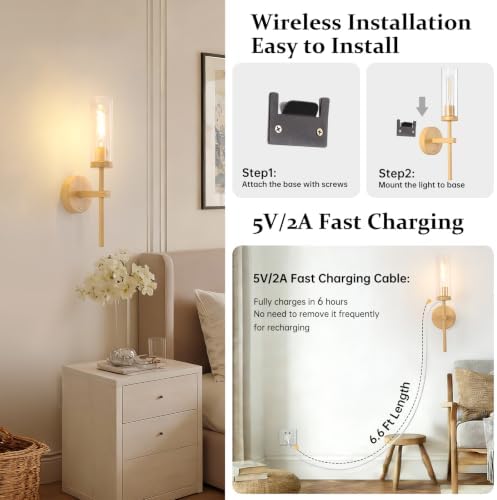 Shenmoyl Battery Operated Wall Sconces Set of 2, Beech Color Rechargeable Wall - Image 6
