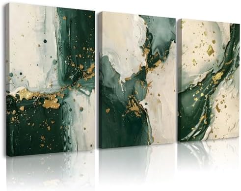 3pcs Emerald Green Wall Decor Living Room, Modern Green and Gold Marble by TWNSWALLART