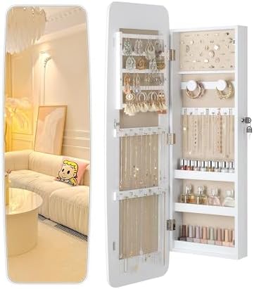 Nicetree Rounded Mirror Jewelry Cabinet, Wall Mounted, Moon White by Nicetree