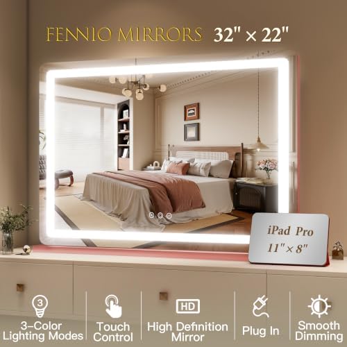 FENNIO Pink Vanity Mirror with Lights 32"x22", Lighted Makeup Mirror, Large - Image 5