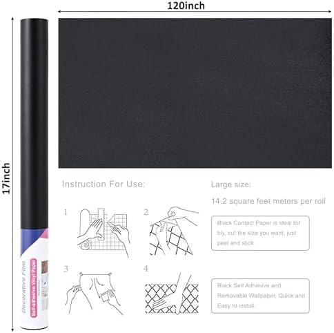 17"x120" Black Wallpaper Peel and Stick Contact Paper, Matte Black Wallpapers - Image 3