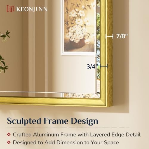 Keonjinn Brushed Gold Bathroom Mirror 24" x 36", Safe HD Tempered Glass - Image 3