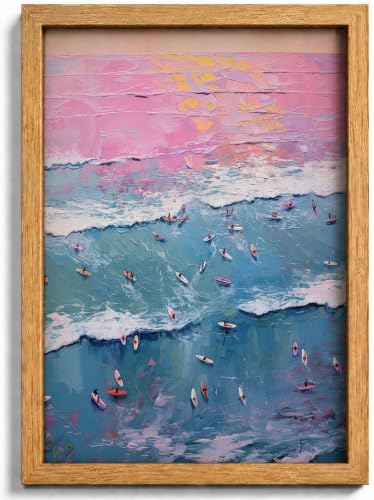 Framed Surfing Beach Canvas Wall Art, Pastel Ocean Sunset Picture Wall Decor by HJYQLN