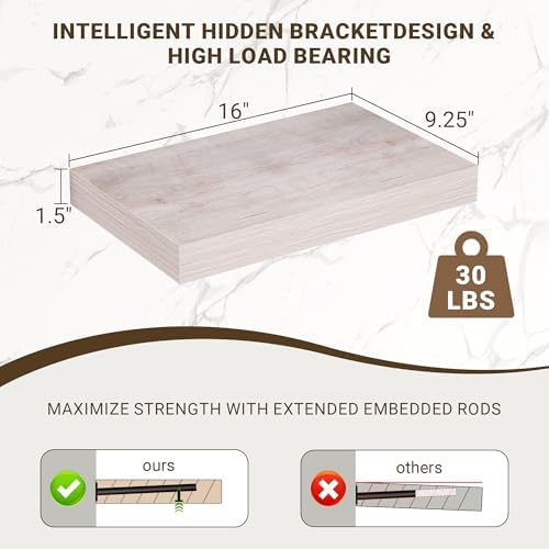 Acovy 16 Inch Floating Shelves, 3D Textured Wood Grain, Wooden Shelves - Image 3