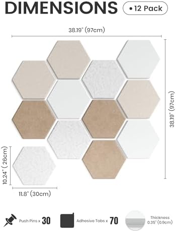 Fluxynara 12-Pack Hexagon Felt Bulletin Board Tiles, Stone Beige - Image 2