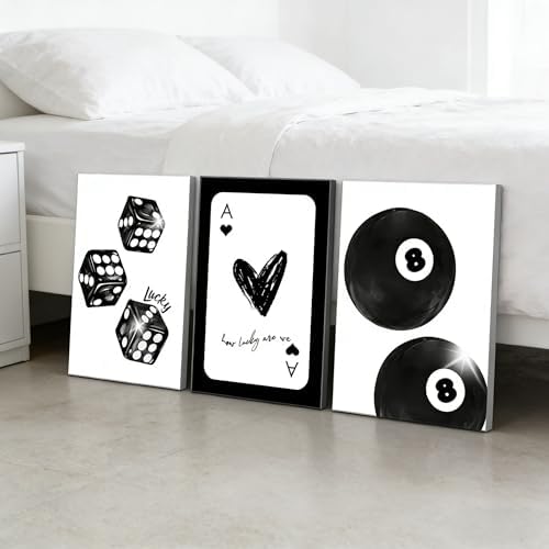 3Pcs Black and White Lucky Dice Canvas Wall Art Trendy Lucky 8 Ball Pictures - Image 3
