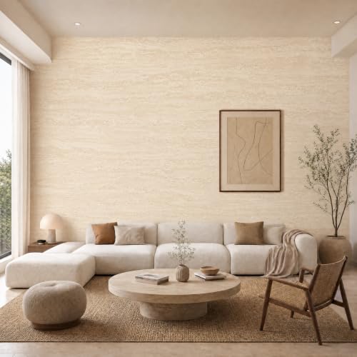 Bumoo Cream Travertine Wallpaper Peel and Stick 16" x118" Warm Beige Marble by Bumoo