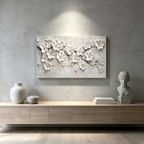 Large White Flower Canvas Wall Art Texture Plant Floral painting Decor Pictures - Image 6