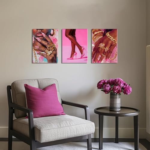 Black Girl Wall Art Set of 3 Pink Fashion Black Woman Canvas Wall Decor - Image 5
