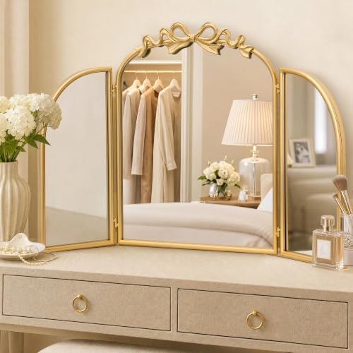 Besdomus Bow 3 Way Vanity Mirror: 36"x24" Gold Large Vintage Trifold Mirror - Image 3