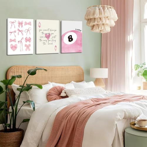 Trendy Pink Bows Canvas Wall Art Set of 3, Vintage Preppy Lucky 8 Ball Wall - Image 6