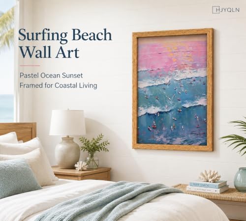 Framed Surfing Beach Canvas Wall Art, Pastel Ocean Sunset Picture Wall Decor - Image 3