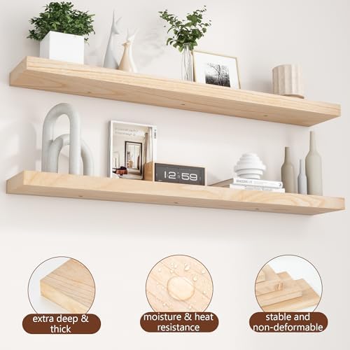 fuqing 48 Inch Floating Shelves 6.7'' Deep Natural Wood Shelves Set of 2 - Image 5
