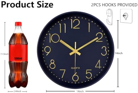14Inch Navy Blue Silent Wall Clock Battery Operated Clocks - Image 3
