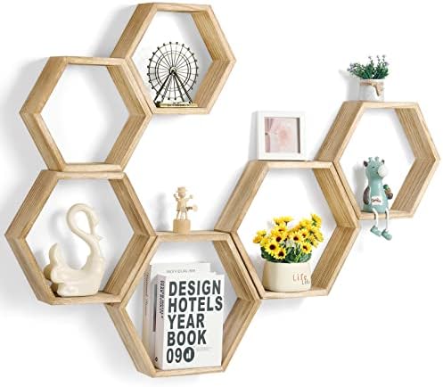 Hexagon Floating Shelves Set of 6, Honeycomb Wall Shelf, Light Brown by YBING