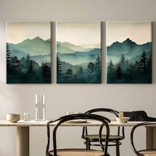 Mountain Wall Art Decor Set of 3 Sage Green Forest Canvas Wall Art Prints - Image 3