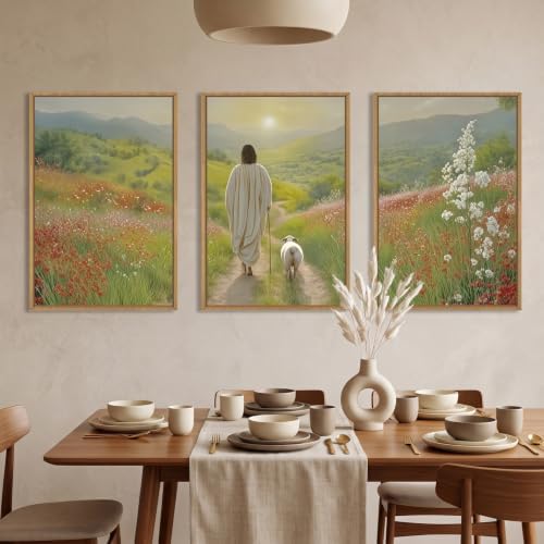 LHIUEM Large Jesus and Lamb Christian Framed Canvas Wall Art, Leaves The 99 - Image 3