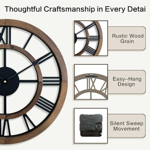 16 Inch Rustic Wall Clock Silent Non-Ticking Wooden Wall Clocks - Image 4