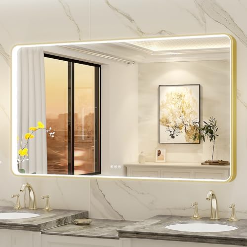LED Mirror for Bathroom 55X32 Inch Gold Framed by Oerbasz