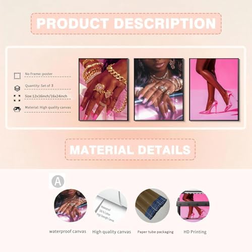 Pink Fashion Black Girl Canvas Wall Art Set of 3 African American Black Woman - Image 5