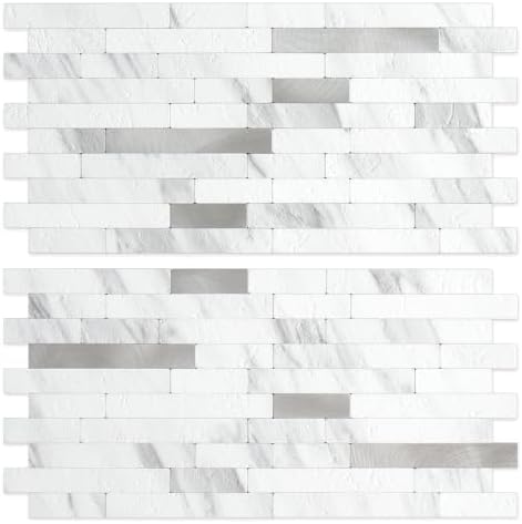 DICOFUN 20 Sheets White Peel and Stick Backsplash Tile, Faux Stone PVC Mixed by DICOFUN