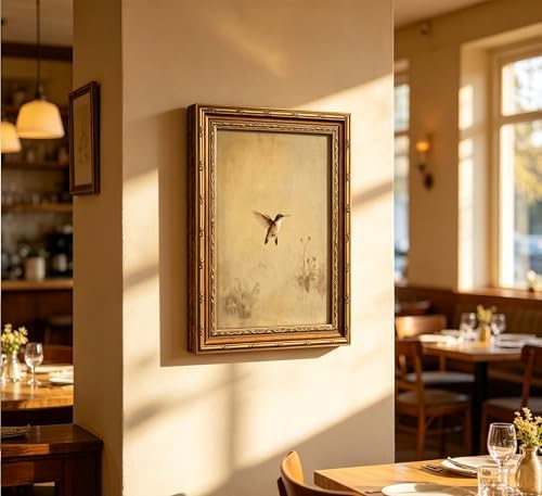 Vintage Gold Framed Hummingbird Wall art, Antique Flying Bird Oil Painting - Image 2