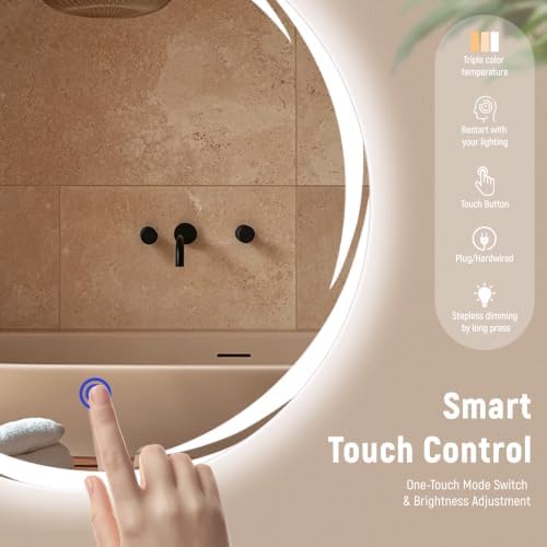 Bathroom Smart Mirrors with Three Color LED Lights, 24”x24 Bath Round Mirror - Image 5