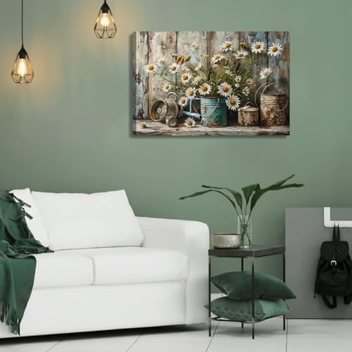 Rustic Farmhouse Daisy Canvas Wall art Vintage Country White Daisy Picture Wall - Image 2