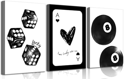 3Pcs Black and White Lucky Dice Canvas Wall Art Trendy Lucky 8 Ball Pictures by Zuowclli
