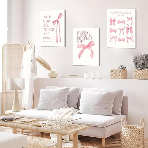 3 Pcs Coquette Pink Bow Canvas Wall Art Inspirational Bible Verses Bow Posters - Image 4