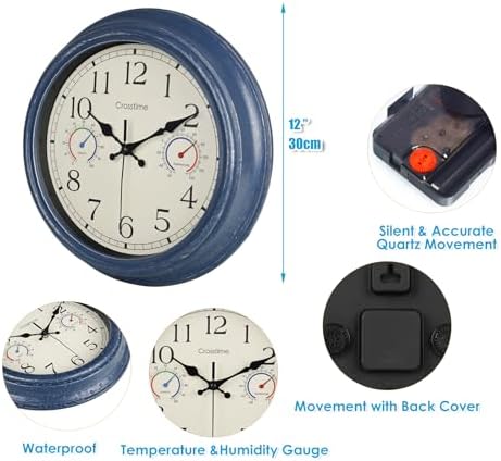 Crosstime 12" Indoor Outdoor Retro Wall Clock Battery Operated Silent - Image 4
