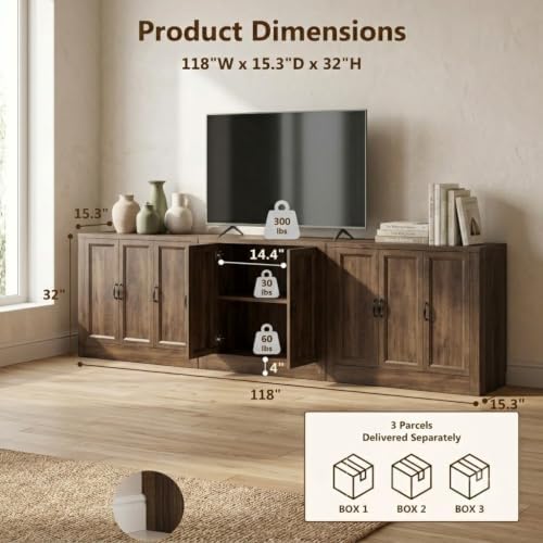 117" Modular Buffet Sideboard Cabinet Set of 3, Extra Long Coffee Bar Storage - Image 2