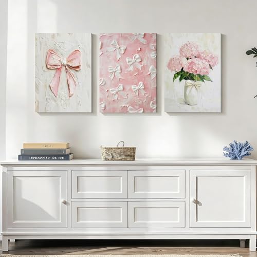 3Pcs Trendy Pink Bows Canvas Wall Art Cute Girly Coquette Watercolor Hydrangea - Image 5
