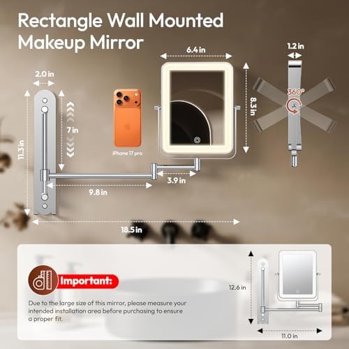7“ Height Adjustable Wall Mounted Lighted Makeup Mirror - Image 2