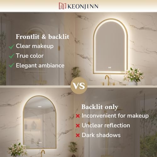 Keonjinn 20x30 Inch Gold Arched LED Bathroom Mirror, Frontlit & Backlit - Image 5