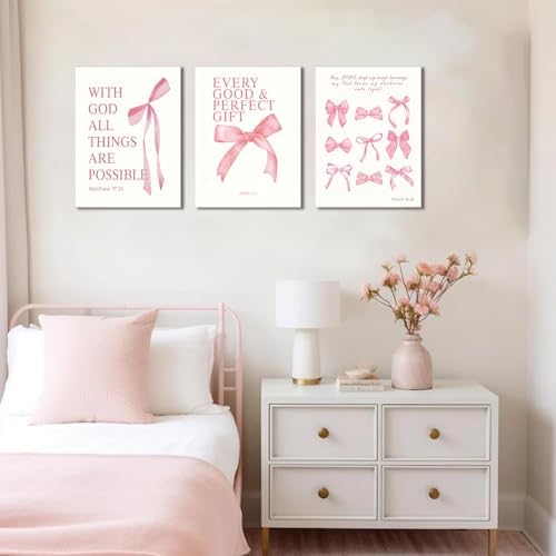 3 Pcs Coquette Pink Bow Canvas Wall Art Inspirational Bible Verses Bow Posters - Image 5