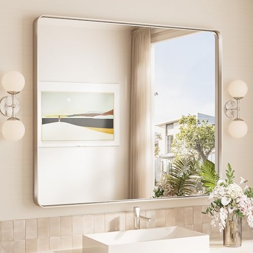 TokeShimi 40x30 Brushed Nickel Bathroom Wall Mirror Vanity Metal Frame Round by TokeShimi